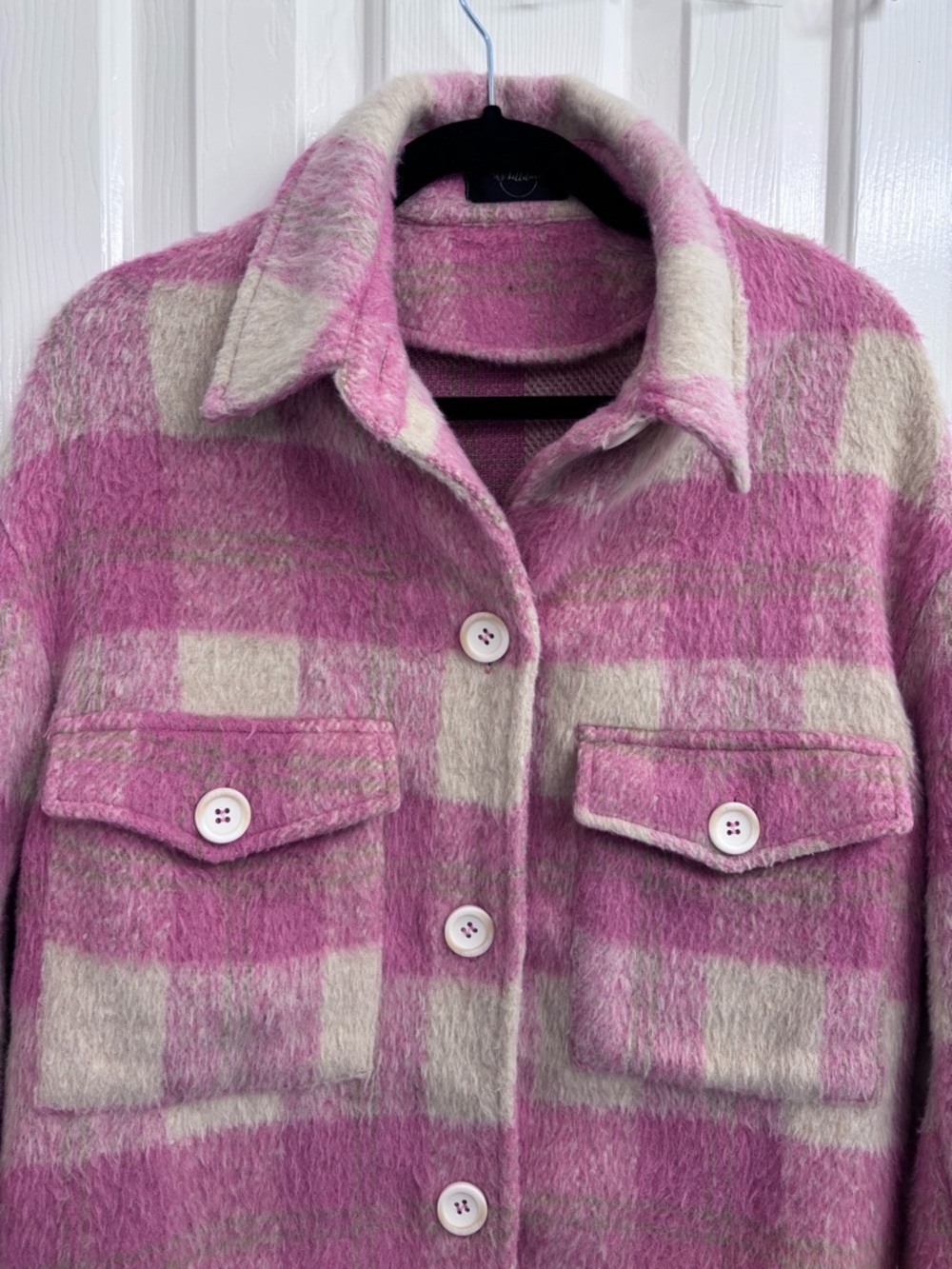 billitodu Pink Plaid Fuzzy Longline Shacket Coatigan - SIZE S (OVERSIZED) - Picture 9 of 16